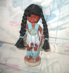 9'' NATIVE WARRIOR GIRL, LEATHER, SEALSKIN  SPEAR, STAND, TAG
